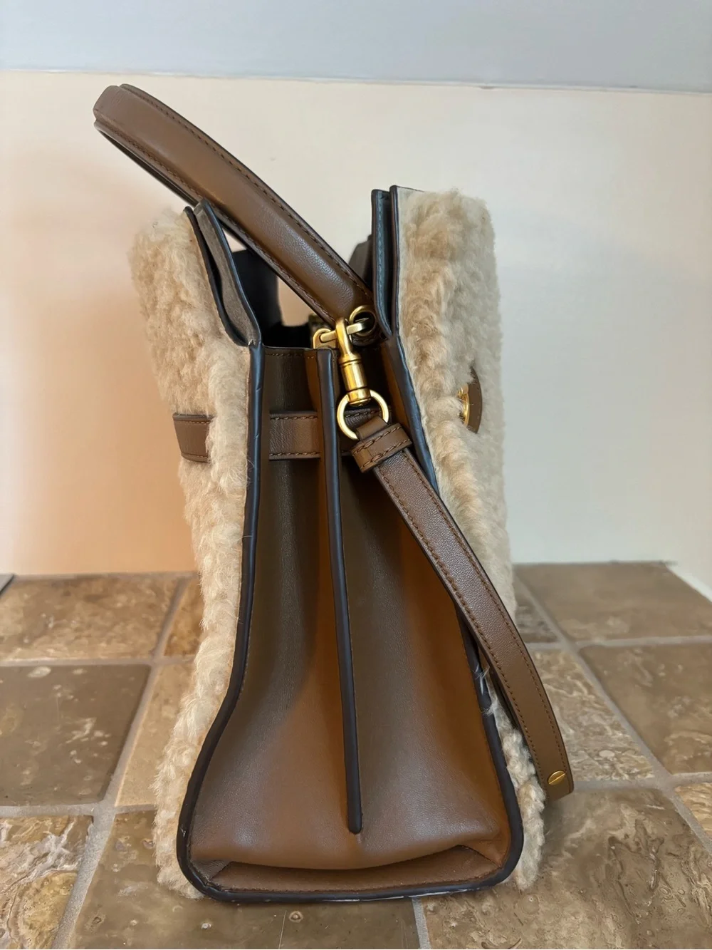 Tory Burch Lee Radziwill Shearling Double Bag in Natural